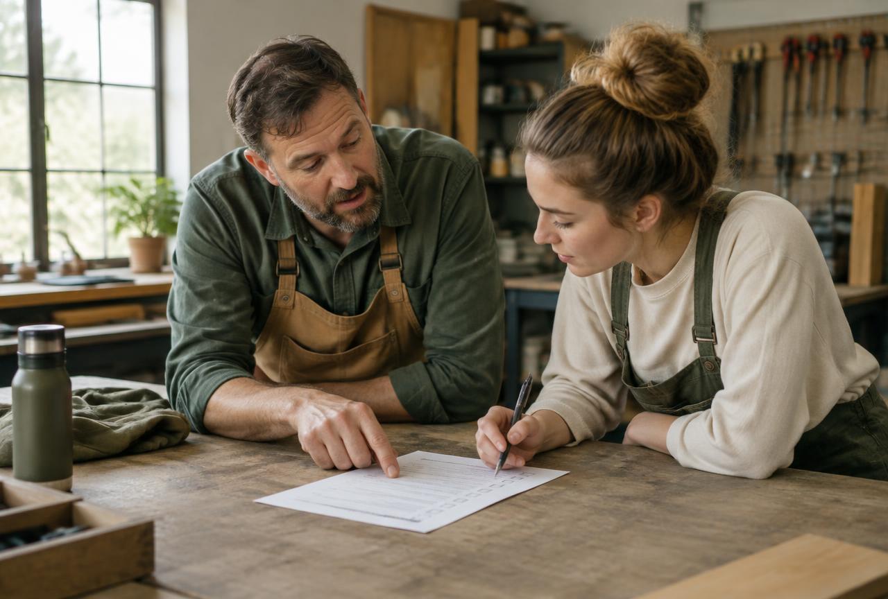 A small business owner and a new employee reviewing a printed checklist together at a workbench